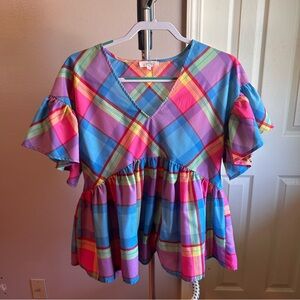 Entro Multicolor Plaid Ruffle Blouse